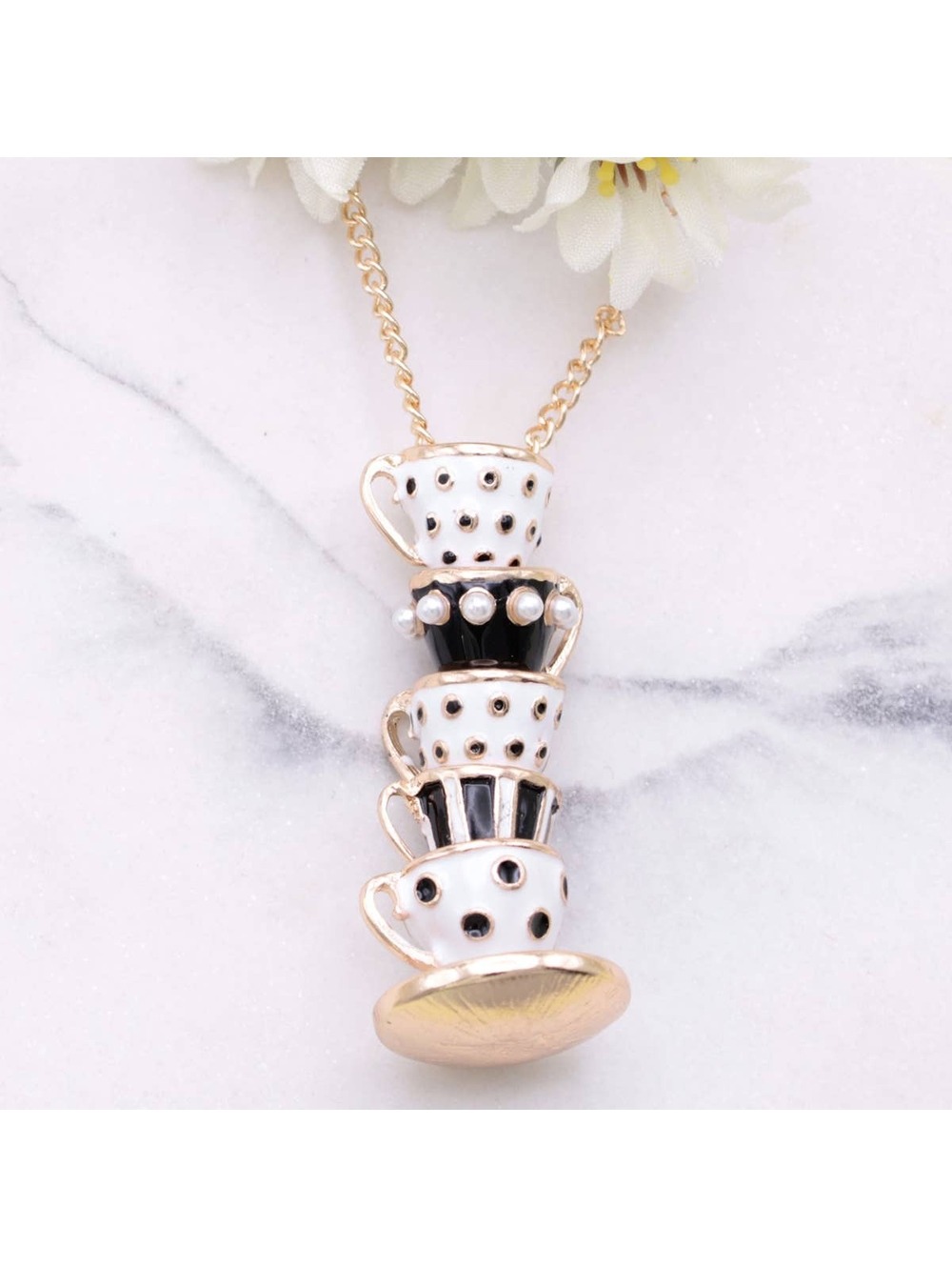 ZAD - Mad Hatter Black Teacup Stack Gold Necklace